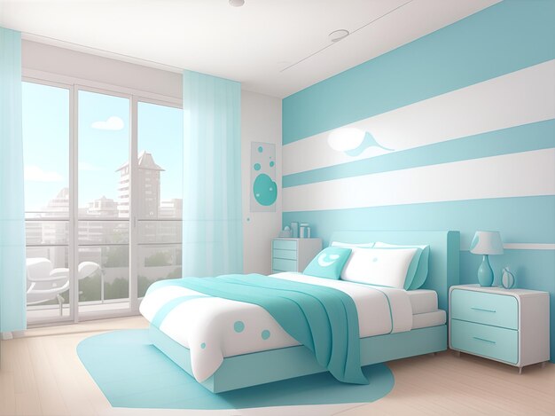 Um quarto azul moderno em estilo de desenho animado