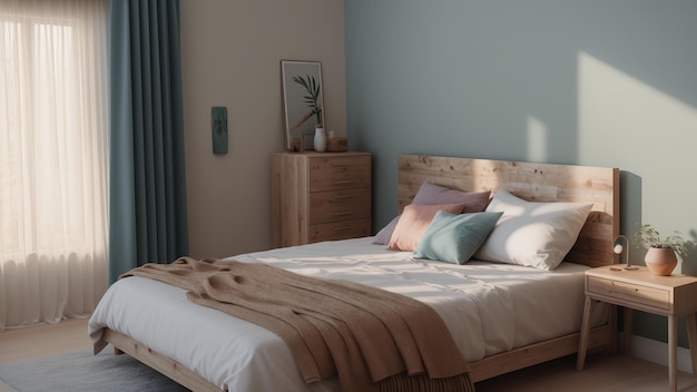 Um quarto azul radiante com uma cama e uma mesa de cabeceira com uma planta AI Generative