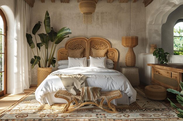 Foto um quarto boho com uma cabeceira de rattan.