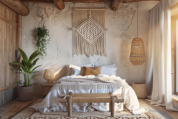 Foto um quarto boho com uma parede de macrame pendurada.