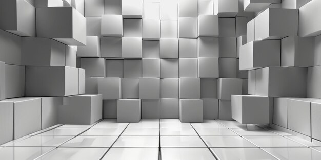 Um quarto branco com blocos brancos no fundo da parede