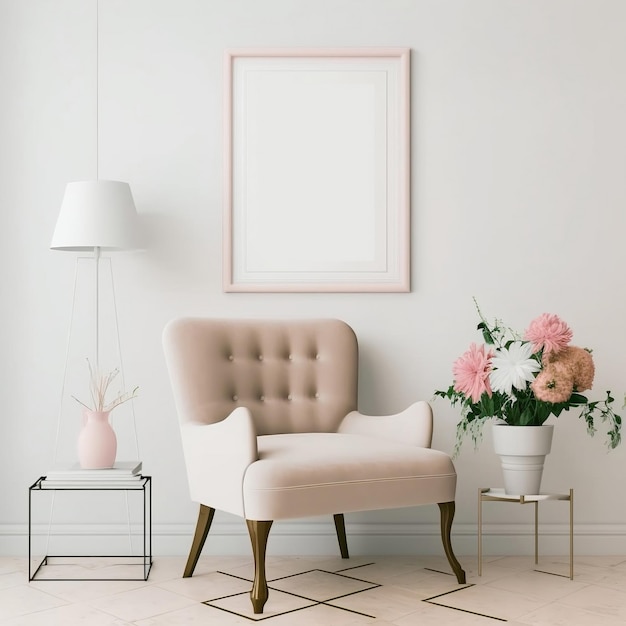 Um quarto branco com um porta-retrato rosa e uma cadeira com um vaso de flores.