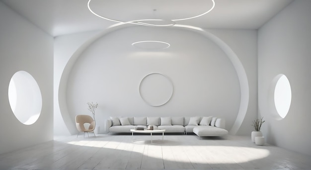 um quarto branco com um sofá e uma luz redonda acima dele