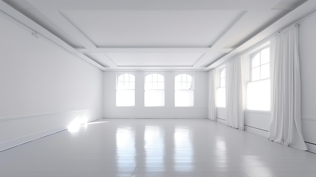 Um quarto branco com uma grande janela e paredes brancas.