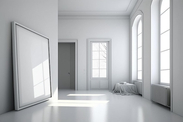 Um quarto branco com uma grande janela e um quadro na parede.