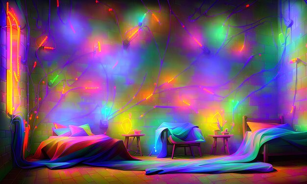 Foto um quarto colorido com uma cama e uma cadeira.