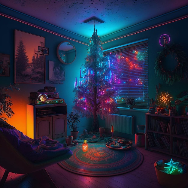 Um quarto colorido e bonito decorado com luz de néon árvore de natal imagem gerada por IA