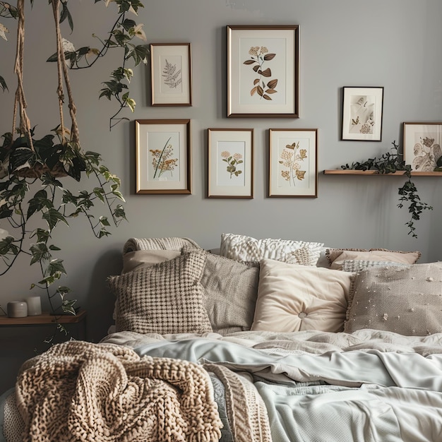 um quarto com almofadas de cama, cobertores e pinturas na parede