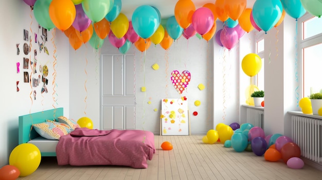 Um quarto com balões e uma cama rosa com uma almofada rosa no chão