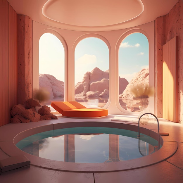 Um quarto com banheira e vista para as montanhas