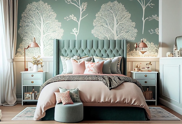 Um quarto com cabeceira verde e papel de parede rosa e branco.