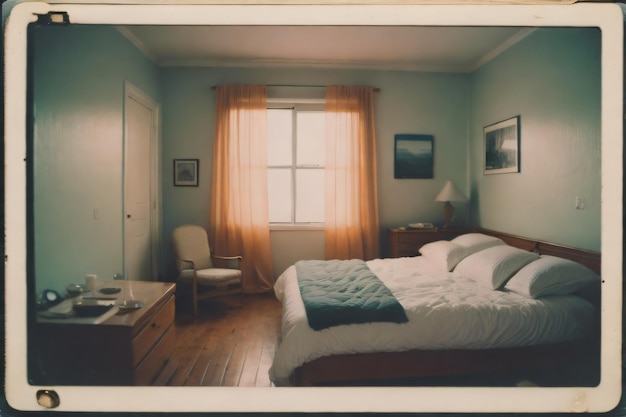 Um quarto com cama e cadeira com edredom branco.