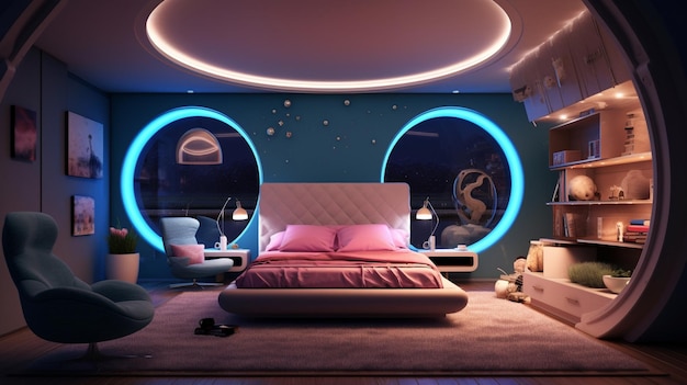 Um quarto com cama e teto redondo com luz azul.