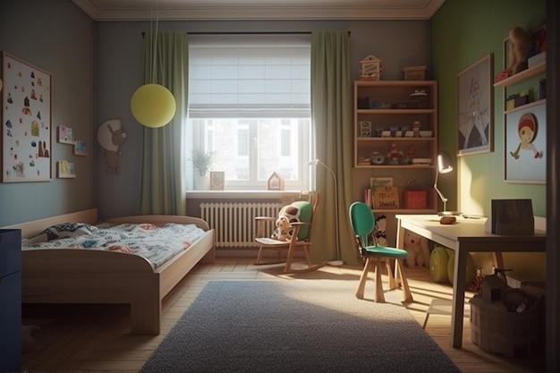 Um quarto com cama, escrivaninha, cadeira e janela com cortina verde.