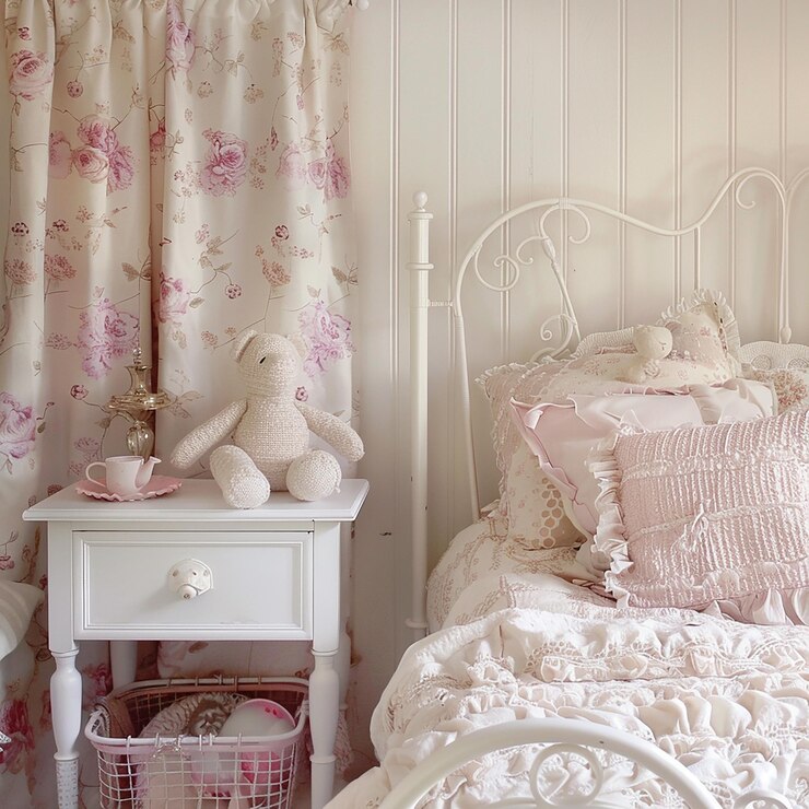 Foto um quarto com decoração rosa e branca e uma cama rosa com travesseiros rosa