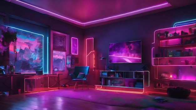 Um quarto com luzes de néon