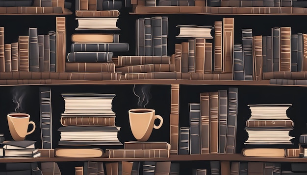 Um quarto com muitos livros e uma chávena de café.