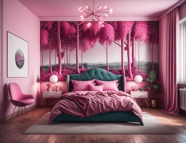 Um quarto com papel de parede rosa com uma cama rosa e uma cama rosa com uma cama rosa e um tapete rosa.