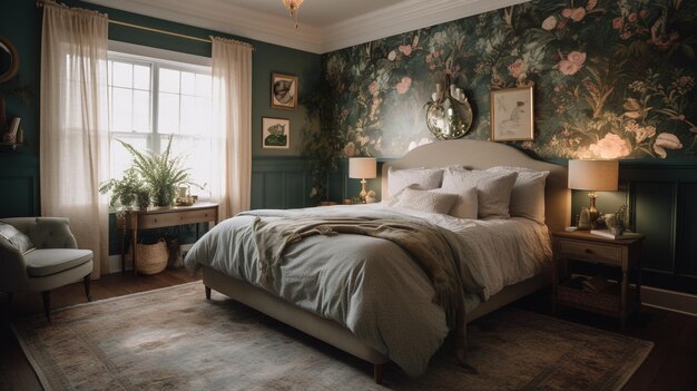 Um quarto com papel de parede verde e uma cama com roupa de cama branca e um cobertor branco.