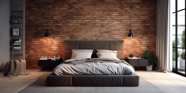 Um quarto com parede de tijolos e uma cama com roupa de cama cinza e uma luminária preta na parede.