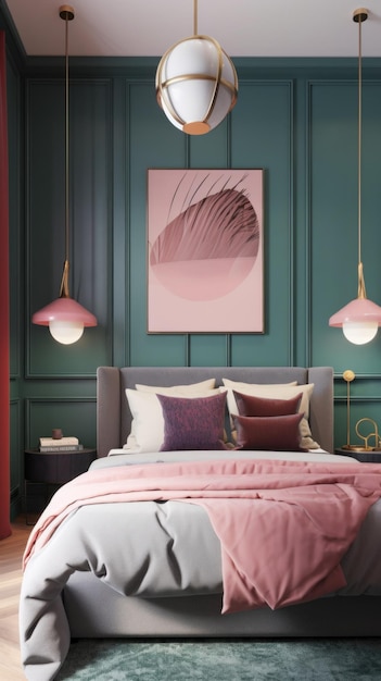 Um quarto com paredes verdes e uma cama rosa imagem generativa de IA