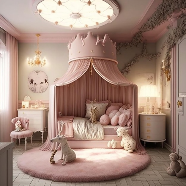 Um quarto com tema de princesa rosa com tema de princesa rosa.