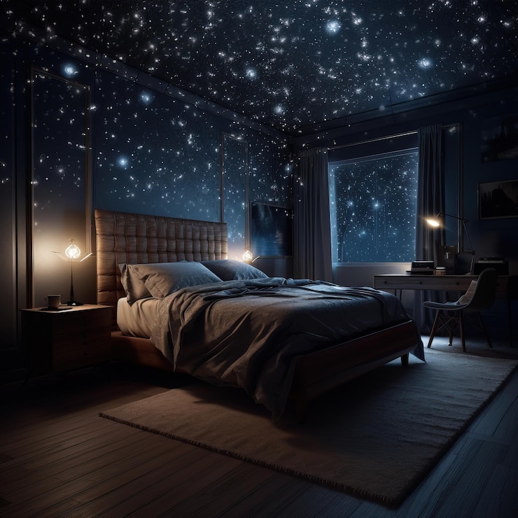 Foto um quarto com um céu estrelado no teto.