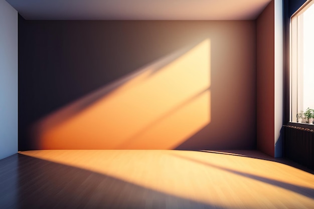 Um quarto com um chão de madeira e uma porta de madeira com o sol a brilhar.