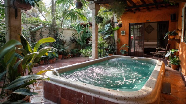 Um quarto com um grande jacuzzi no centro e uma cachoeira como pano de fundo