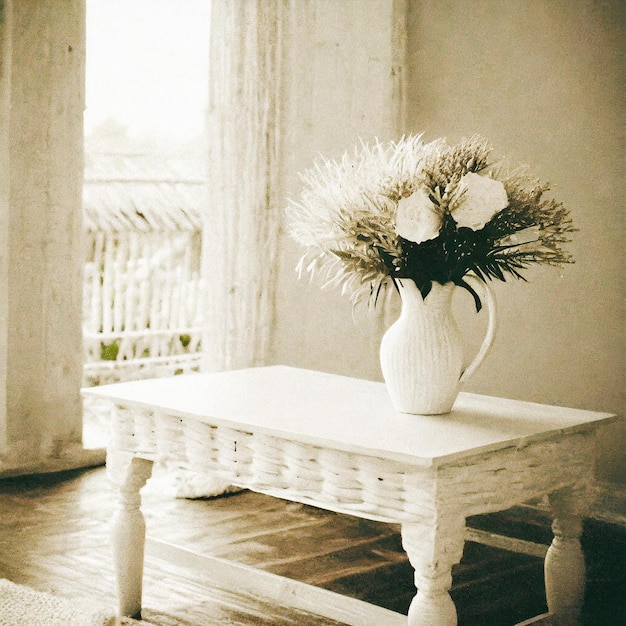 Foto um quarto com um sofá branco e uma mesa de café com flores nele