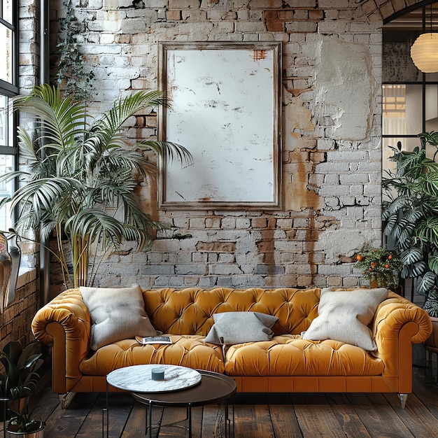 um quarto com um sofá e uma imagem de um mapa na parede