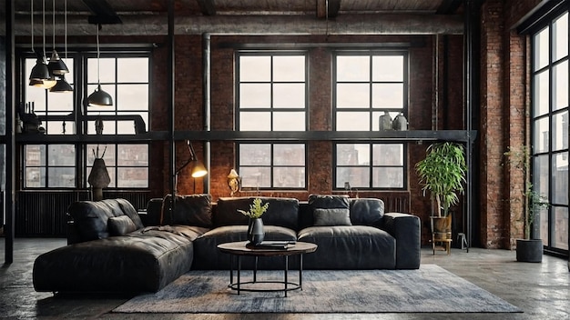 um quarto com um sofá uma mesa de café e uma planta na mesa fundo de design de interiores ai generat