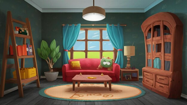 um quarto com um sofá vermelho e uma pintura de uma árvore
