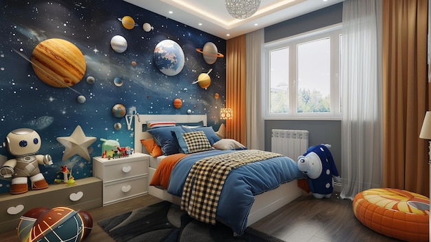 Foto um quarto com um tema de espaço com uma cama com um cobertor azul e travesseiros