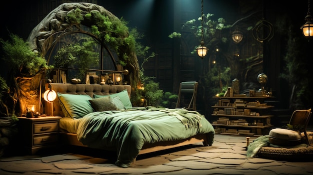 Um quarto com uma árvore de parede verde e uma cama com travesseiro