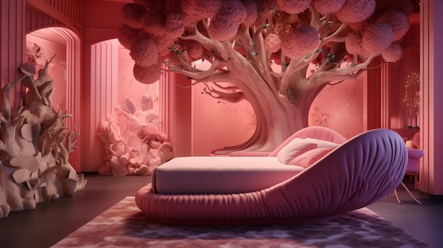 Um quarto com uma árvore e uma cama que diz 'quarto rosa'