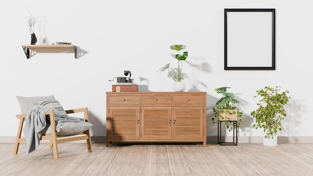 Um quarto com uma cadeira, um espelho e uma planta.