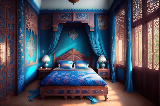 Um quarto com uma cama azul e uma cama azul com dossel.