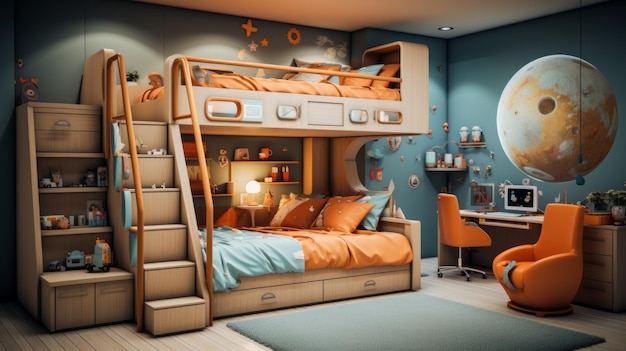 Um quarto com uma cama de dois andares uma secretária e muitos brinquedos