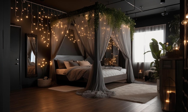 Um quarto com uma cama de dossel e uma cama com luzes penduradas no teto.