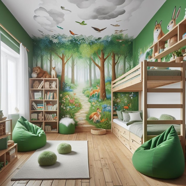 um quarto com uma cama e camas de cama com uma pintura de árvores e nuvens