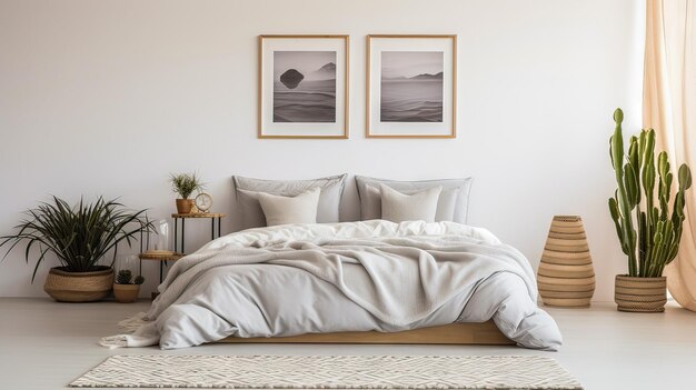 um quarto com uma cama e imagens na parede