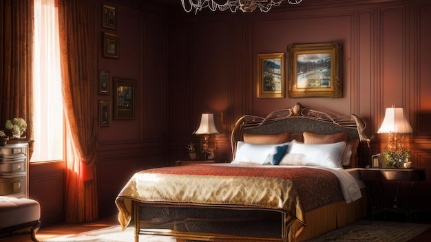 Um quarto com uma cama e um candeeiro na parede