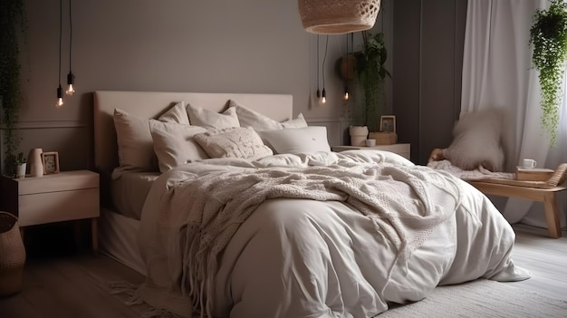 Um quarto com uma cama e um candeeiro pendurado no tecto.