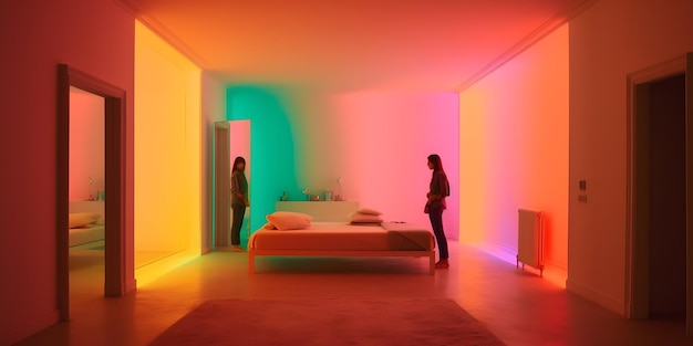 Um quarto com uma cama e um candeeiro que diz 'a luz está na parede'