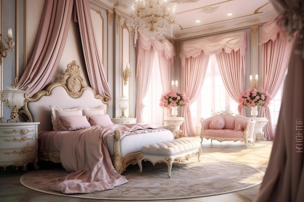 Um quarto com uma cama e um candelabro que diz 'rosa'