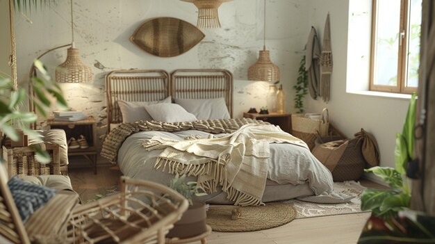 um quarto com uma cama e um cesto com um mapa nele