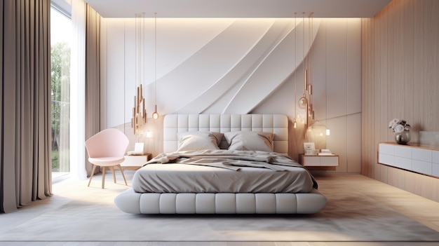 Um quarto com uma cama e um mural de parede que diz 'luxo'