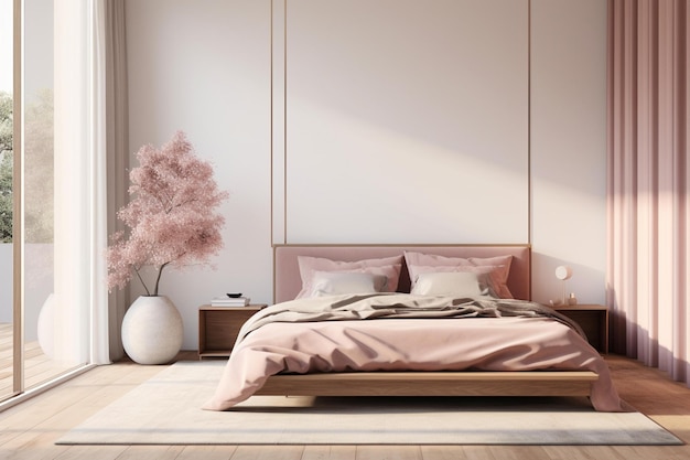 Um quarto com uma cama e um vaso com flores cor de rosa no chão.