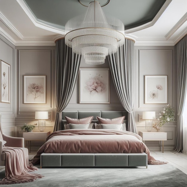 Um quarto com uma cama e uma foto de uma cama com um cobertor rosa nele